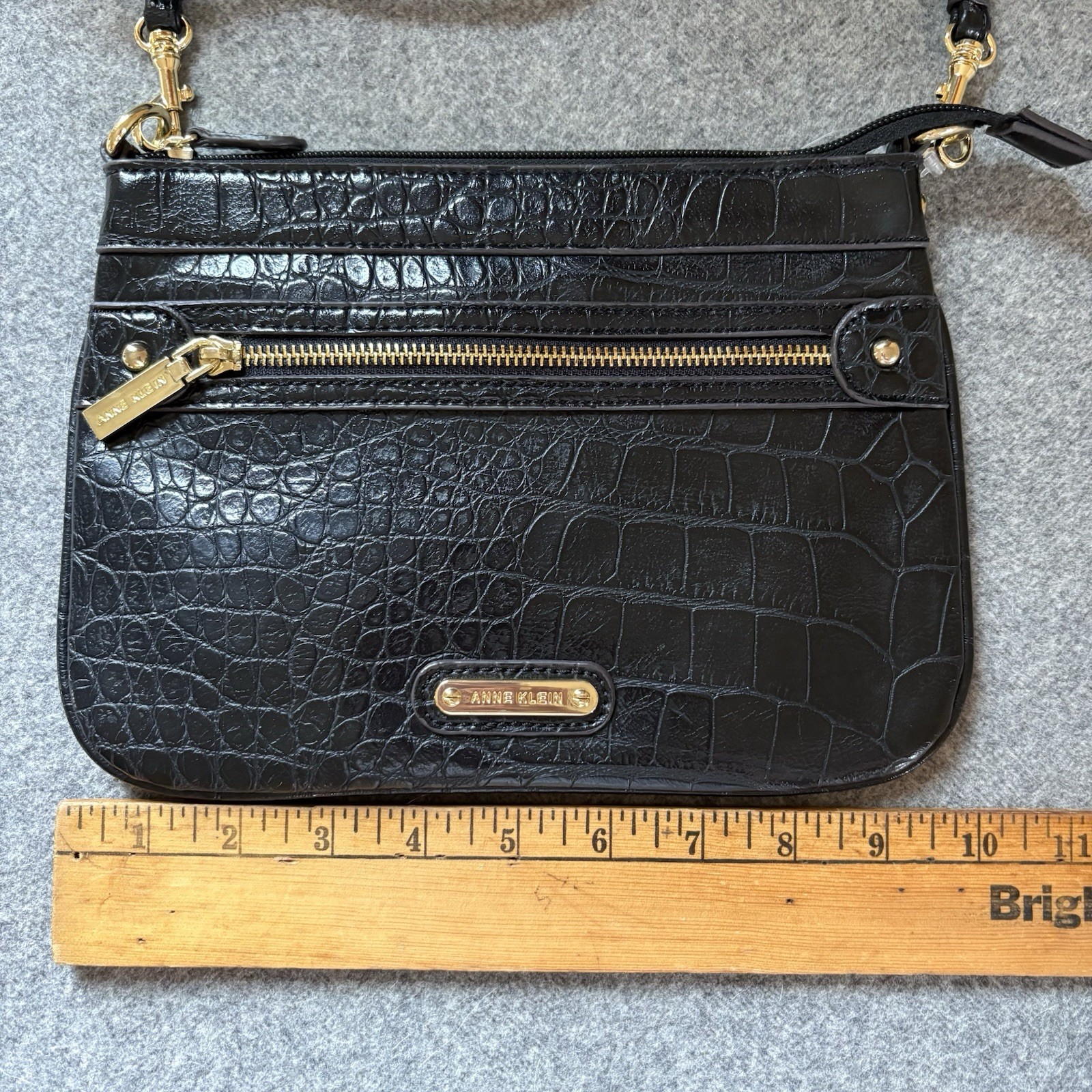 Anne Klein Black Croc Embossed Crossbody Bag Zip Gold Hardware Red Lining