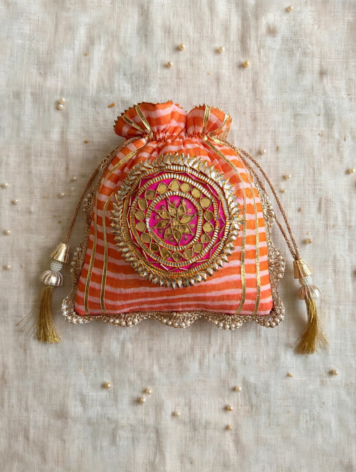 Indian Leheriya Gotta Lining with Pearl Handle Gifting Wedding Favor Potli Bag