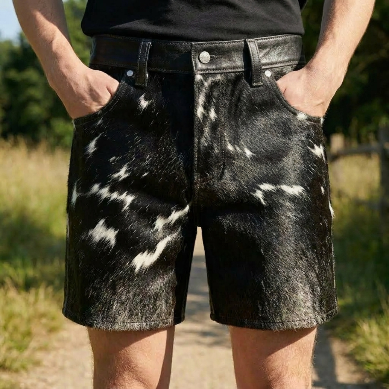 Men’s Natural Cowhide Hair On Leather Shorts Black White Western Rodeo Pants