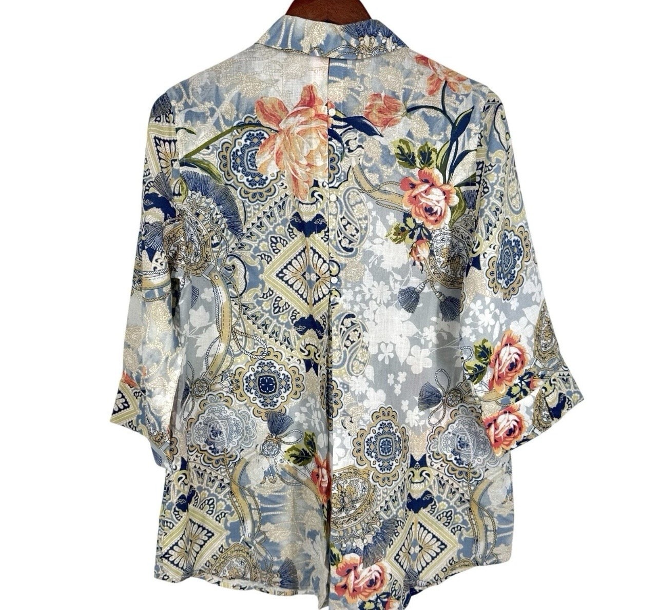 Chico’s Linen Blend Button-Up with Soft Blue Floral Print