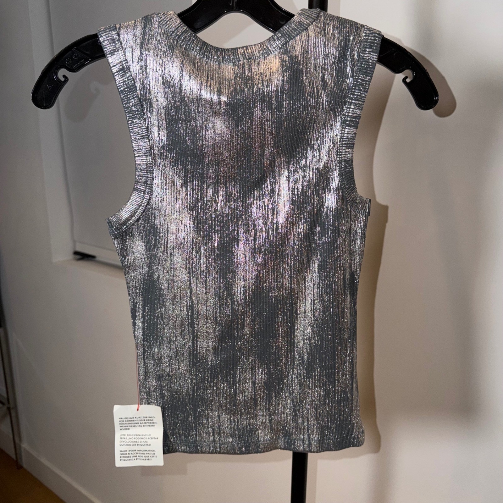 Topshop Womens Metallic Silver Foil Ribbed Knit Tank Top Crew Neck XS NWT