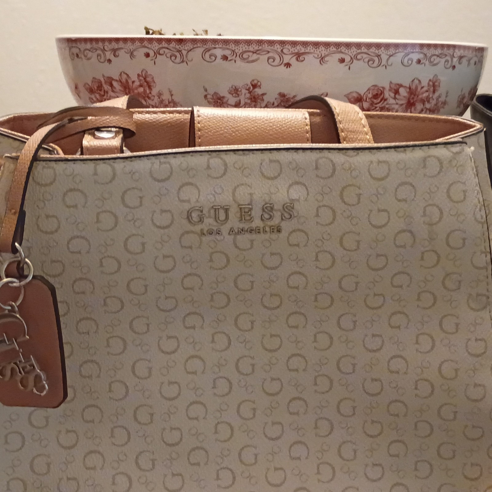 GUESS Beige Brown Logo Tote Zip Closure Silver Hardware Bag Charm Double Handles
