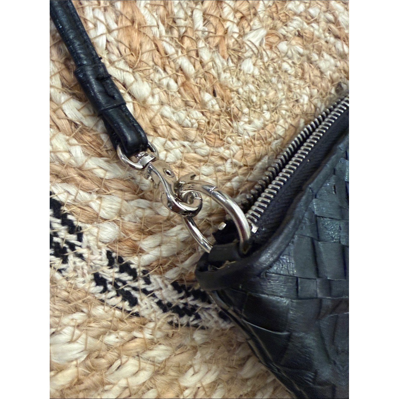 Elliott Lucca Black Woven Leather Crossbody Bag Small Zip Top Purse Handbag