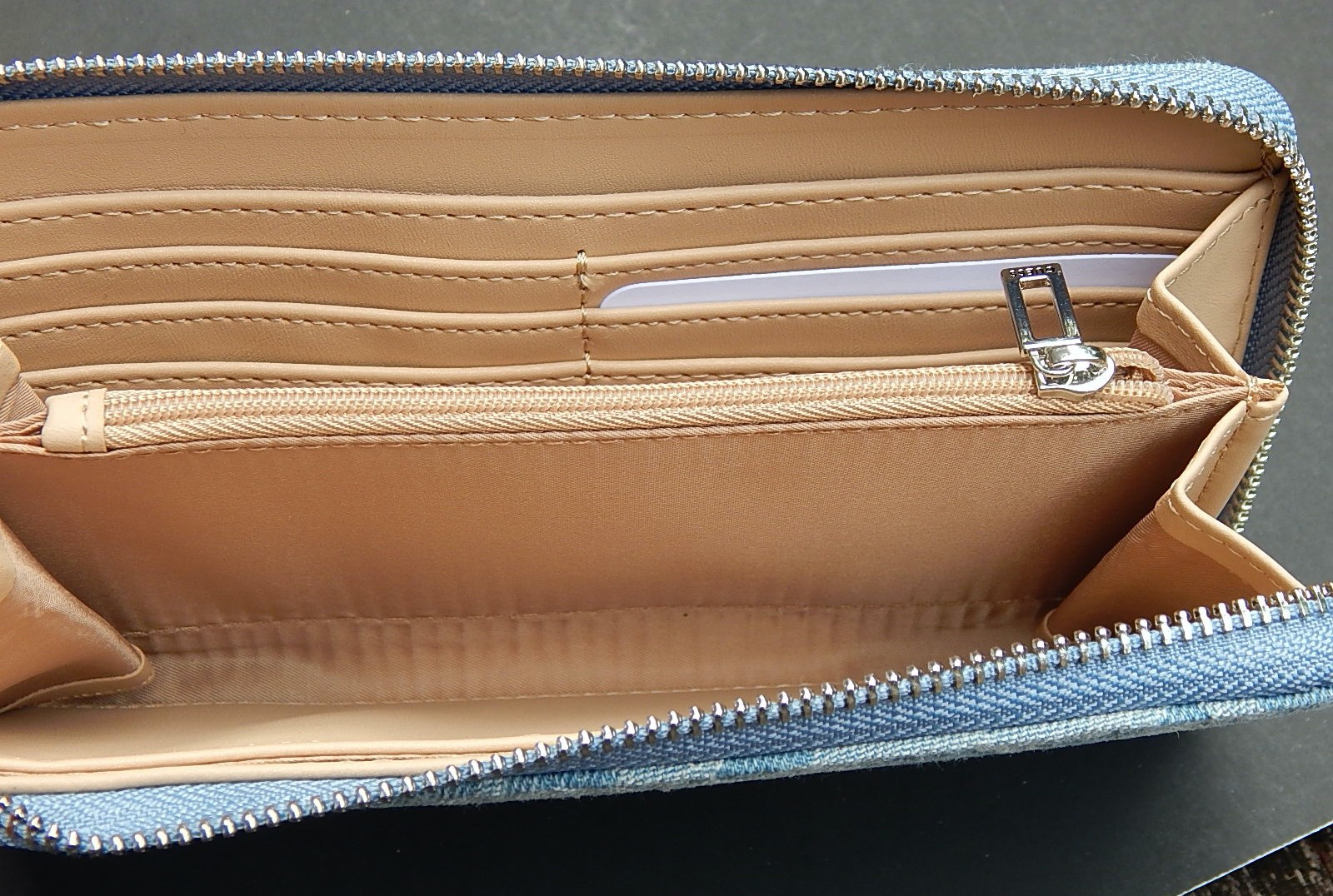 GUESS CELESTIA LOGO BLUE DENIM/CHERRY LOGO ZIP AROUND WALLET AUTHENTIC NEW