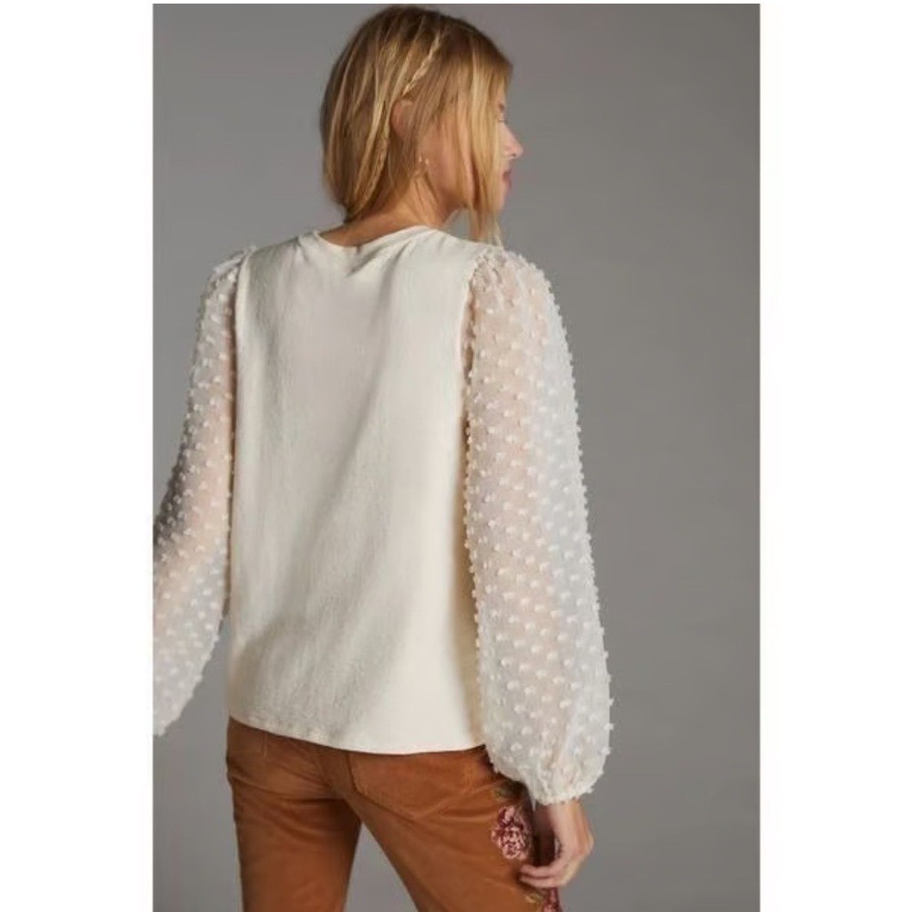 Anthropologie Maeve Textured Long Sleeves Ivory Top Blouse Size M Romantic