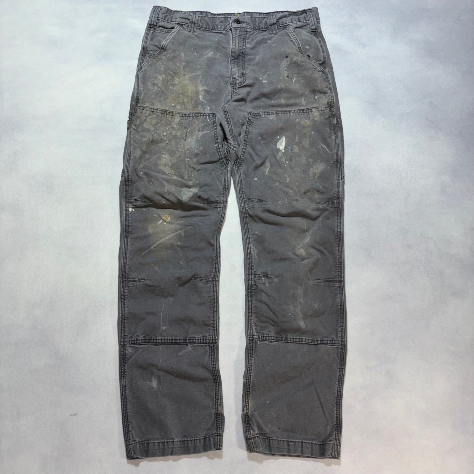 Carhartt Double Knee Pants Men’s 34×32 Gray Paint Splatter Distressed Workwear