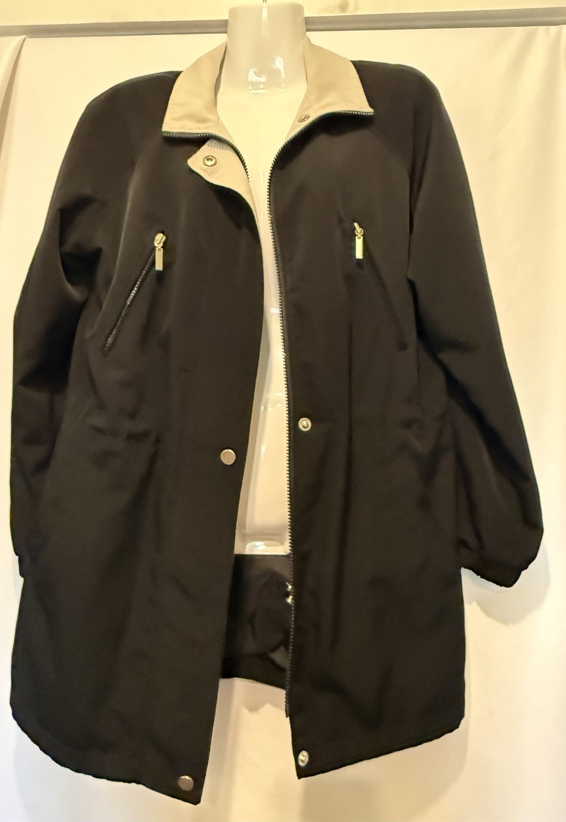 White Stag Womens Small Black Long Jacket Zip Snap Coat Lightweight S 4/6