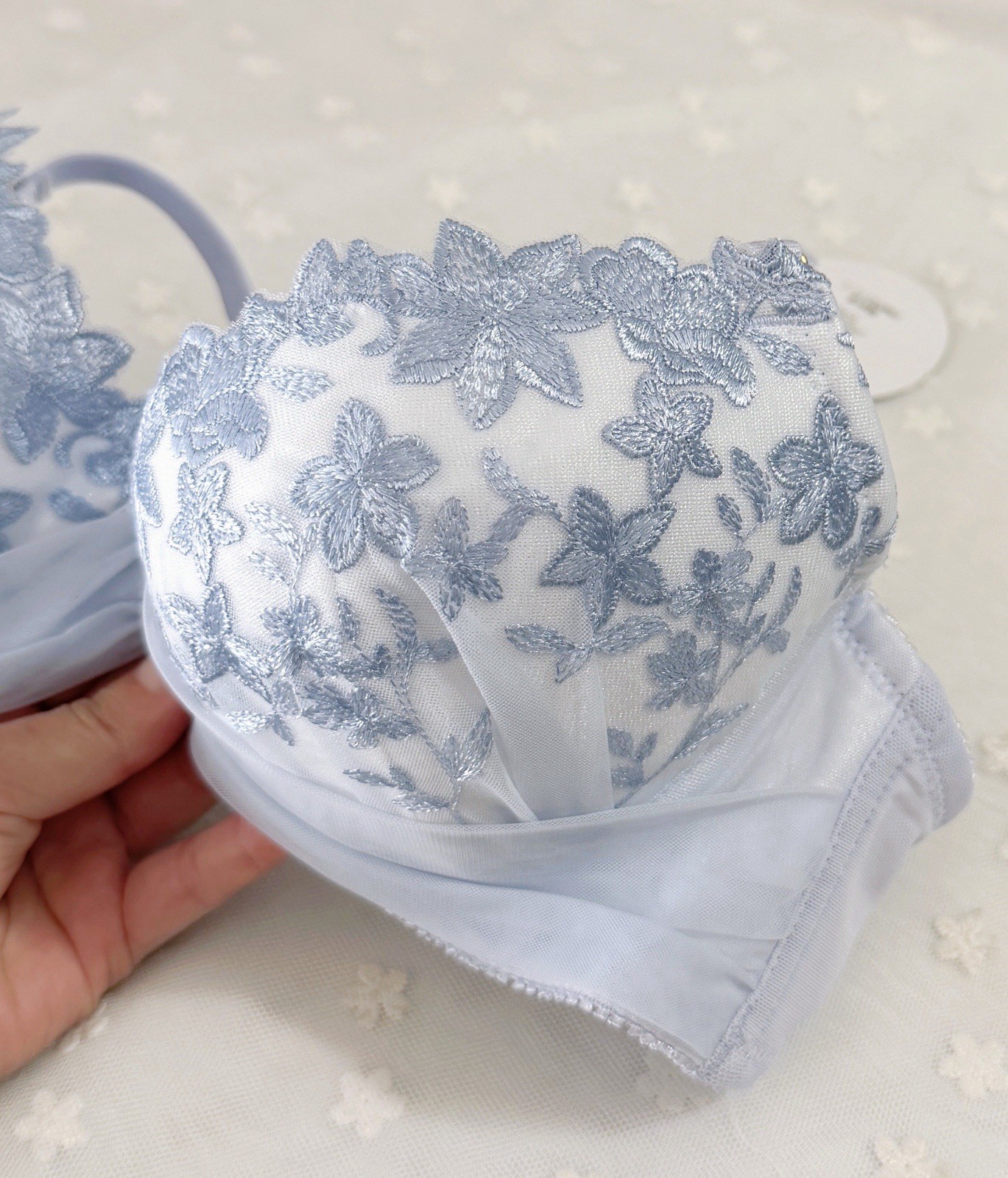 US-34B/JP-C75 Japanese Brand Floral Embroidery Mesh Decoration Bra Panty Set NWT
