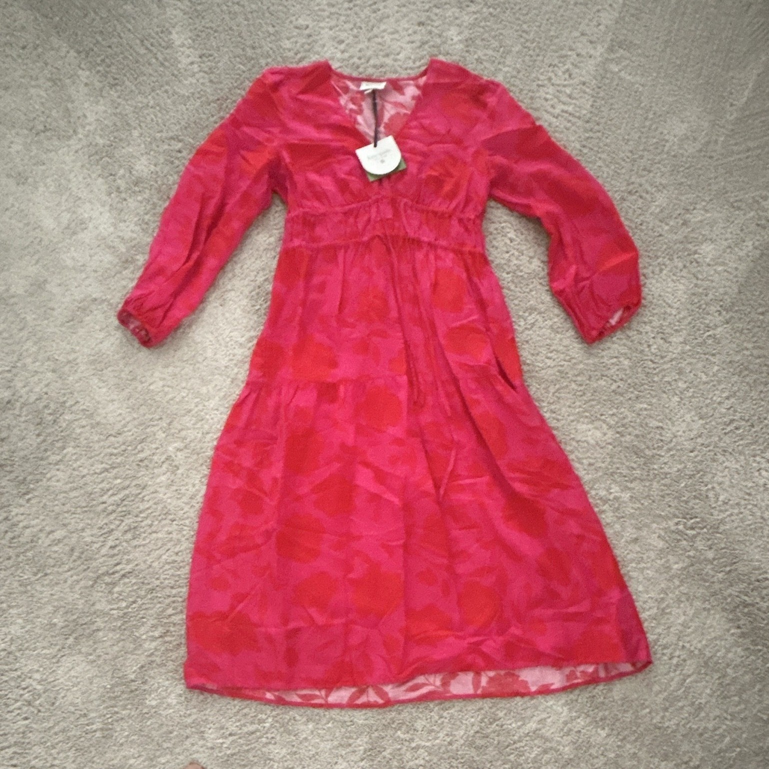 kate spade new york Floral Chiffon V-Neck Long Sleeve Midi A-Line Dress M