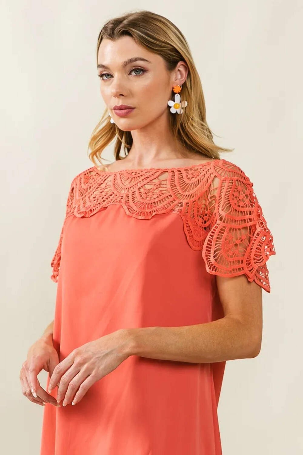 Crochet Lace Yoke Detailed Wrinkled Dress