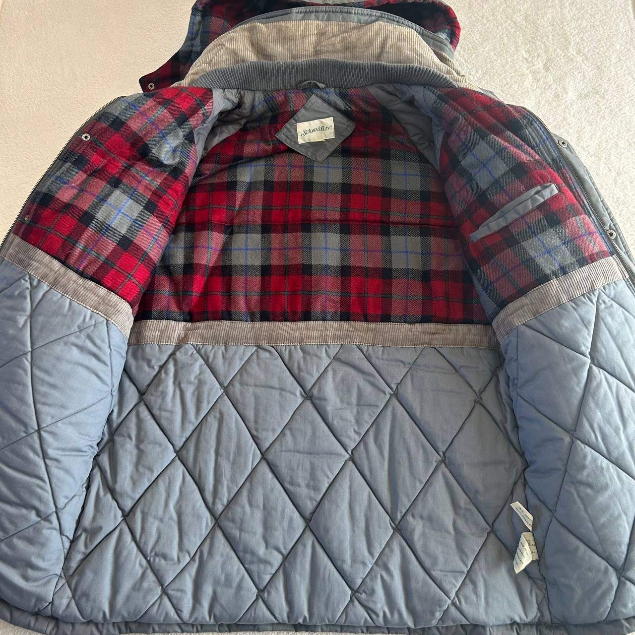 St Johns Bay Parka Chore Coat Size L Gray Flannel Lined Insulated Removable Hood