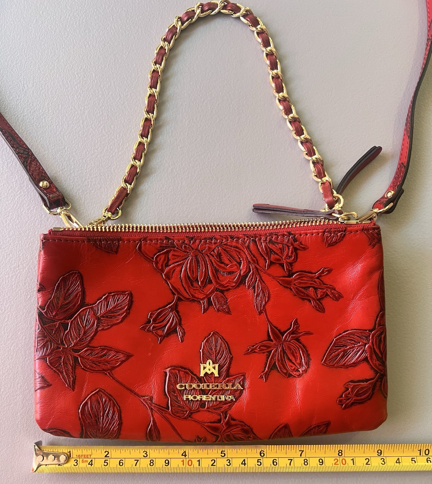 Cuoieria Fiorentina Red Floral Whimsigoth Embossed Crossbody Bag Chain Zip Gold