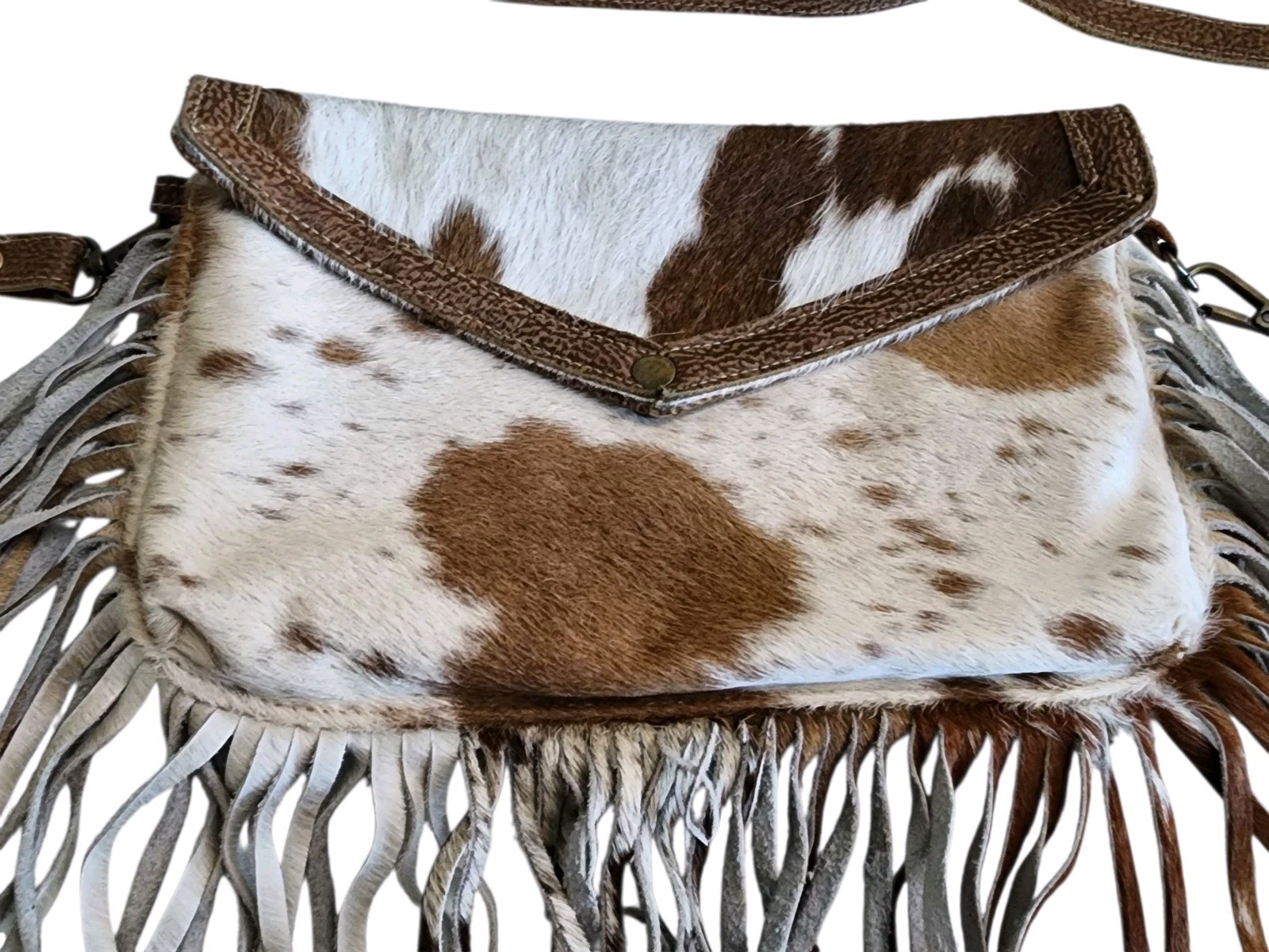 Myra Western Fringe Cowhide Animal Print Shoulder Bag Brown White