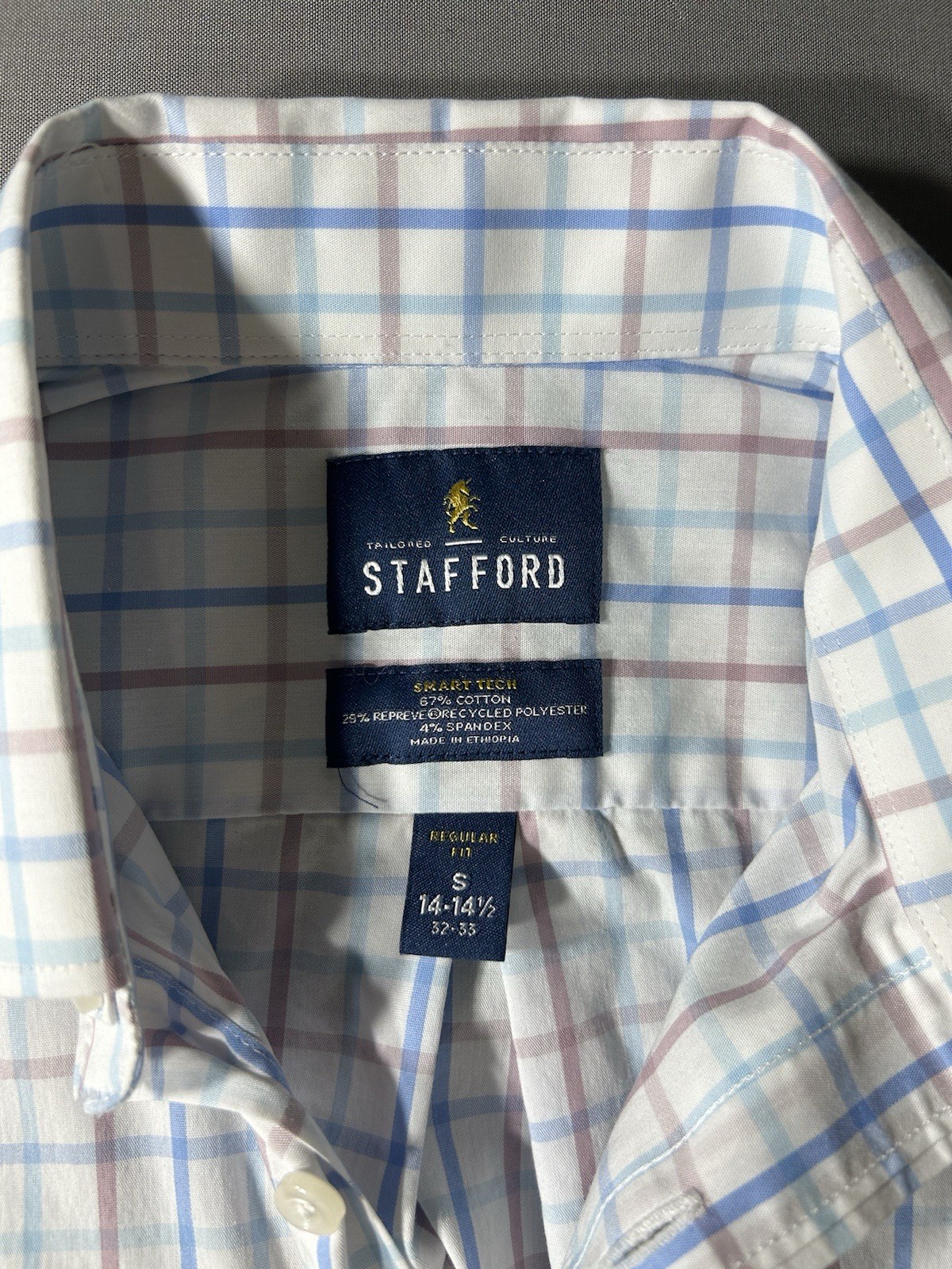 Stafford Tailored Culture Regular Fit Plaid Dress Shirt Size S