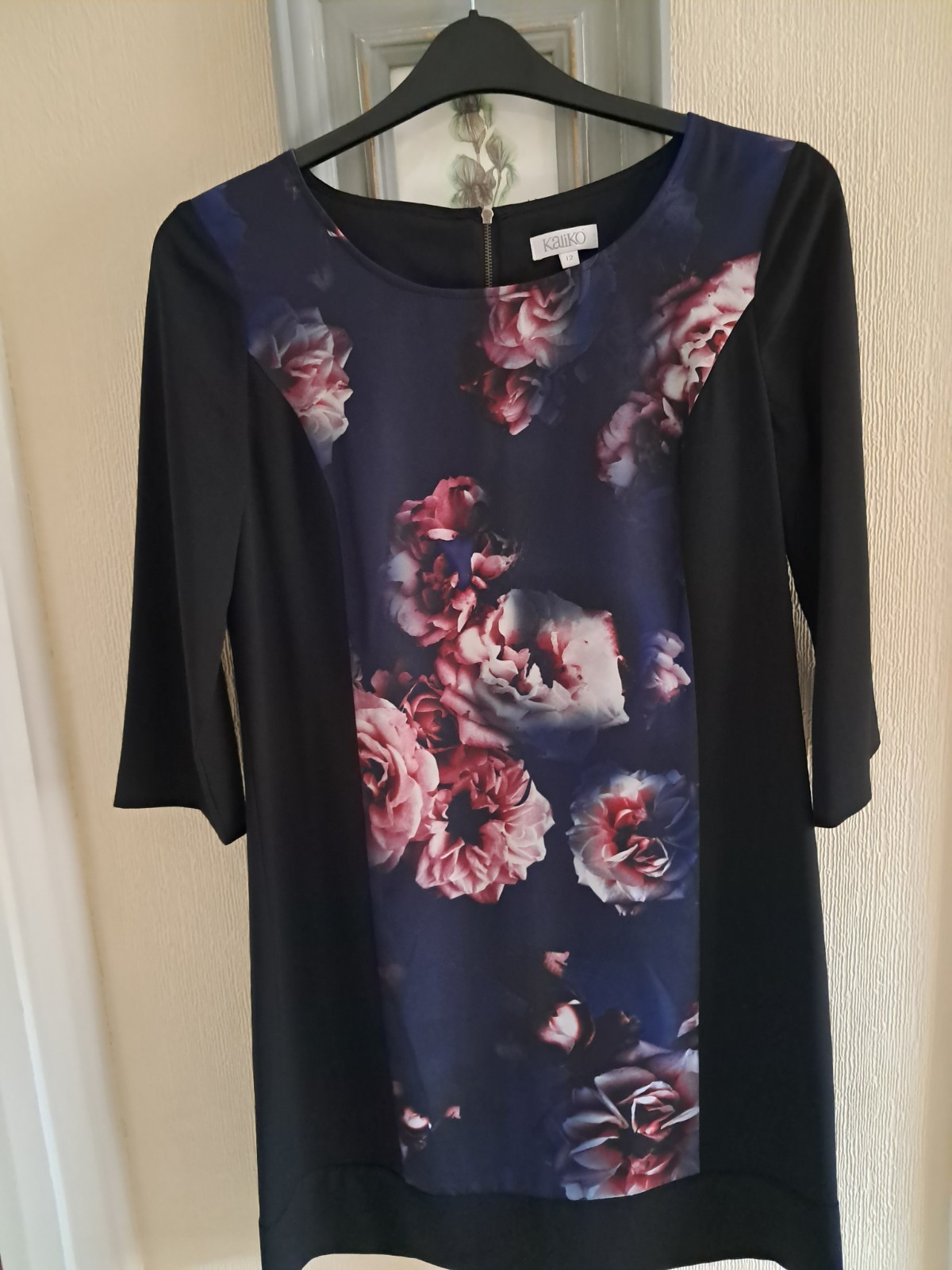 Kaliko black navy ivory pink floral panel tunic dress. UK 12. New
