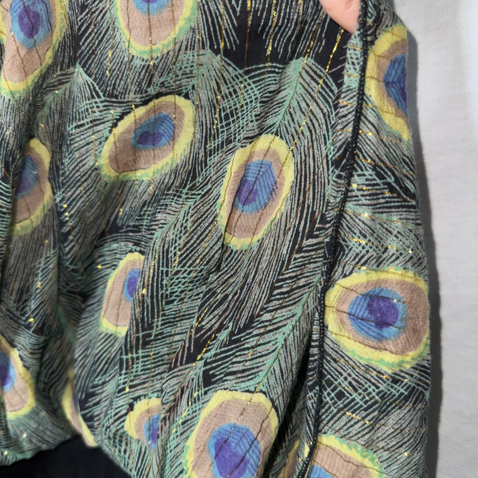 Pura Vida Peacock Feather Print Mini Dress Gold Metallic Cotton Green Blue Sz 6