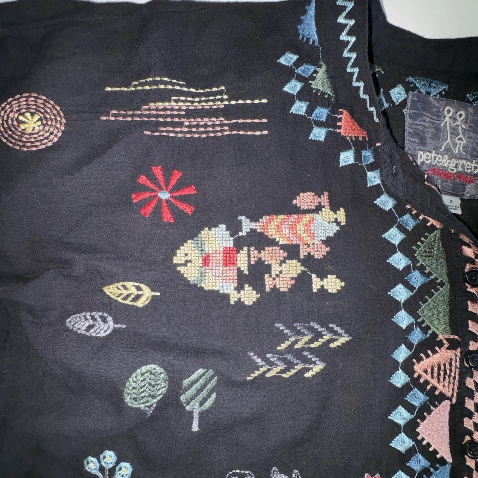 Johnny Was Pete&Greta Top Black Seraphina Embroidered Short Sleeve Size Small