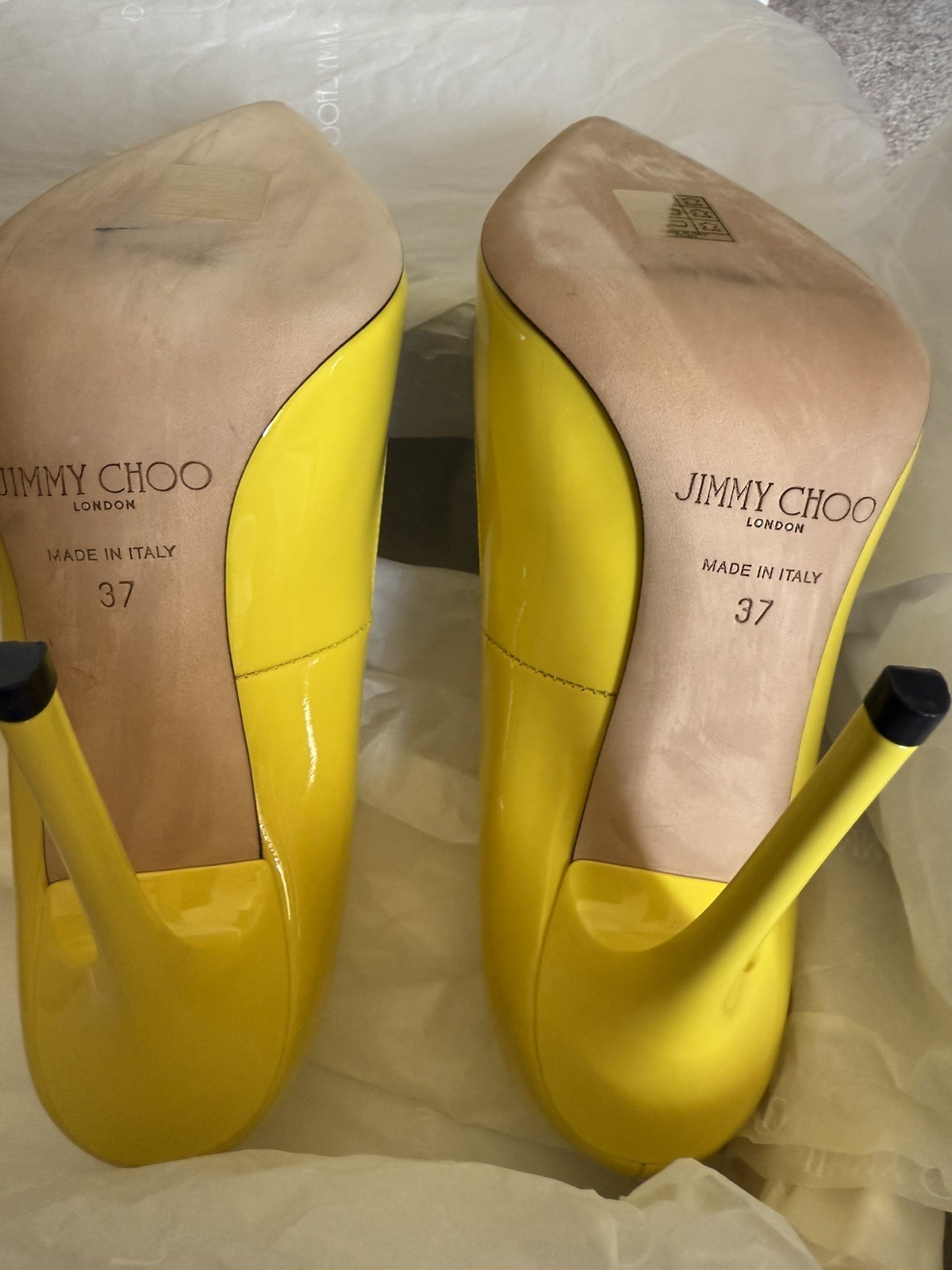 JIMMY CHOO Anouk Tacco 120 Patent Leather Point Toe Pump Yellow US 7 NIB RARE