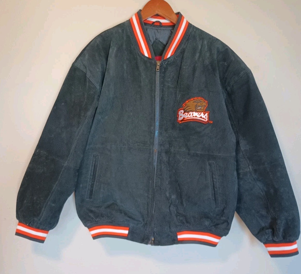 Vtg 90s Collegiate Lettermans Bomber Leather Jacket Mens M Oregon State Beavers