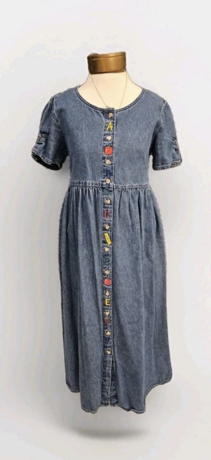 Vintage Sophia Rose Teacher School Button Front Alphabet Denim Dress Size 12