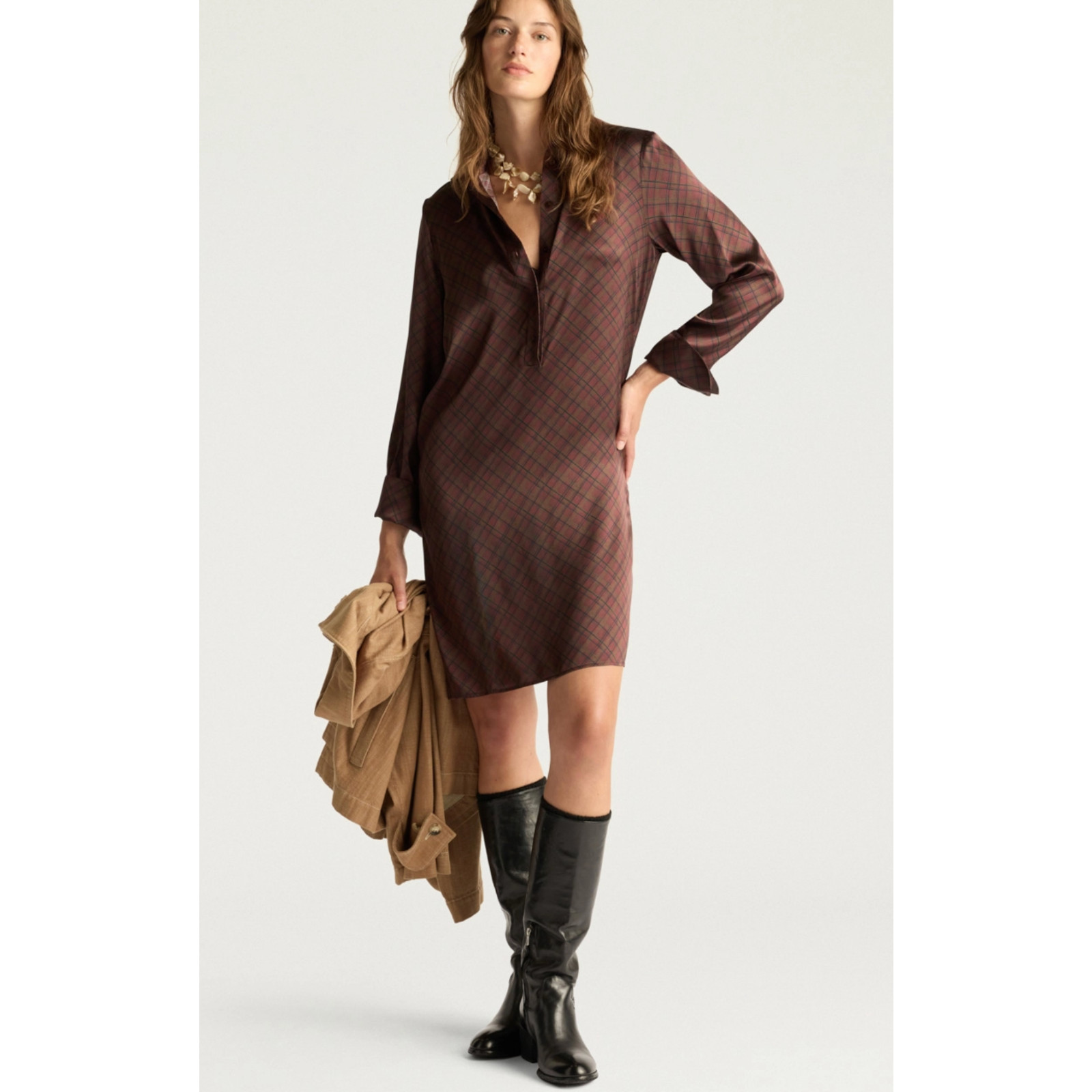 Momoni Aster Dress Sz 42 Printed Stretch Satin Brown Plaid French Cuff NWT $630
