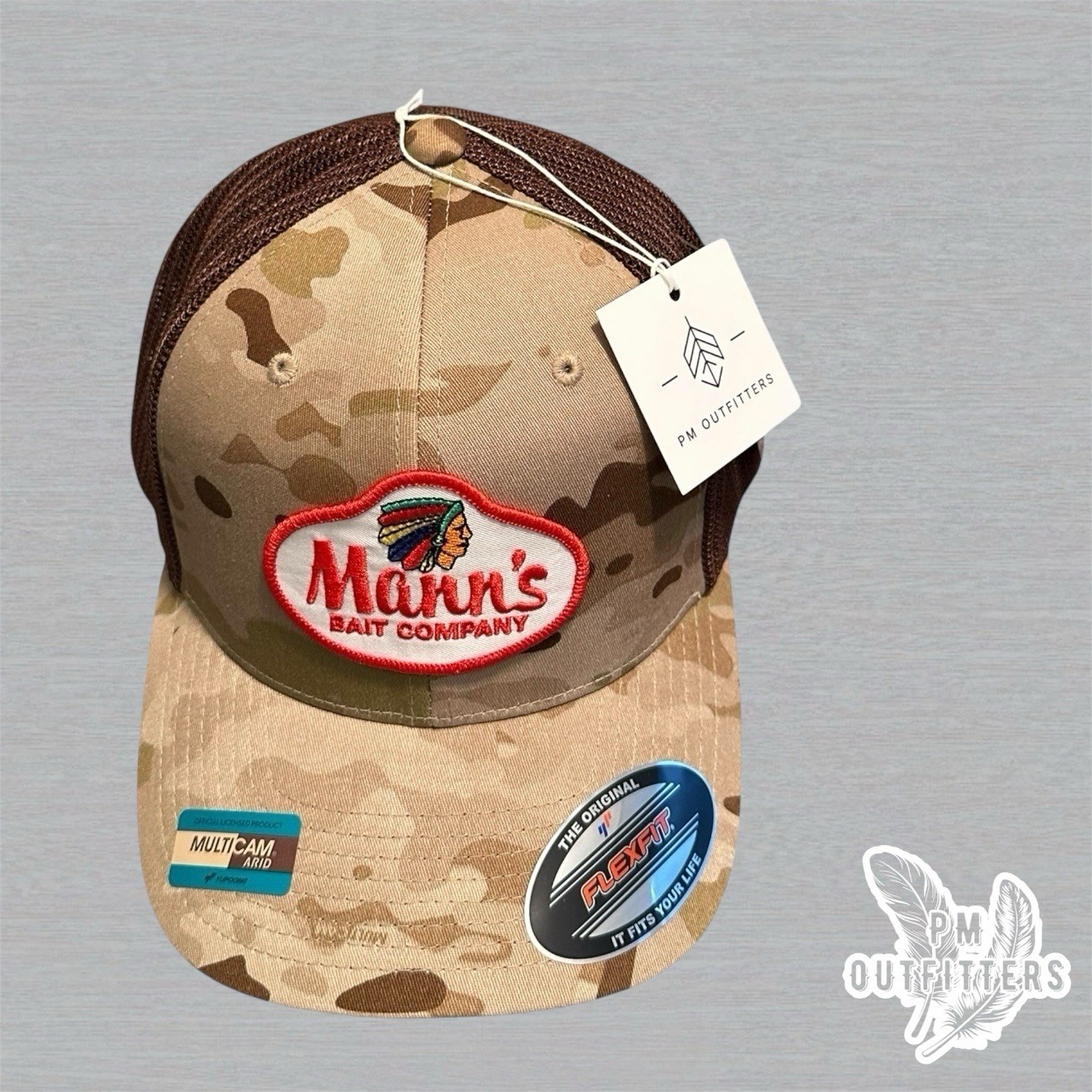 Mann’s Bait Co Trucker Hat, Retro Fishing Patch on Yupoong Flexfit Multicam