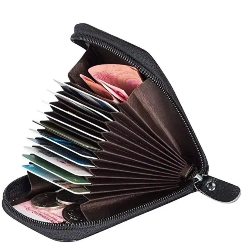 Leather Credit Card Holder RFID-Blocking Zipper Pocket Wallet with ID Window