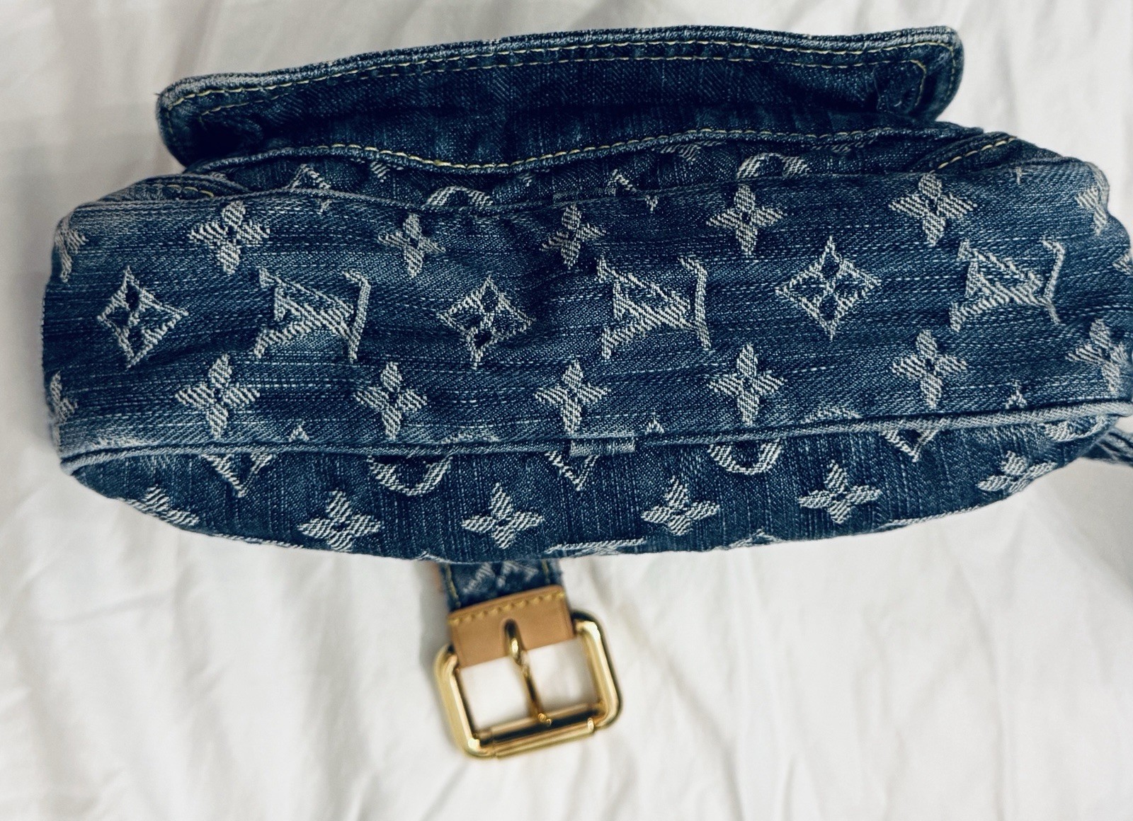 Louis Vuitton Blue Monogram Shoulder Bag Strap Gold Hardware Push Lock Zip