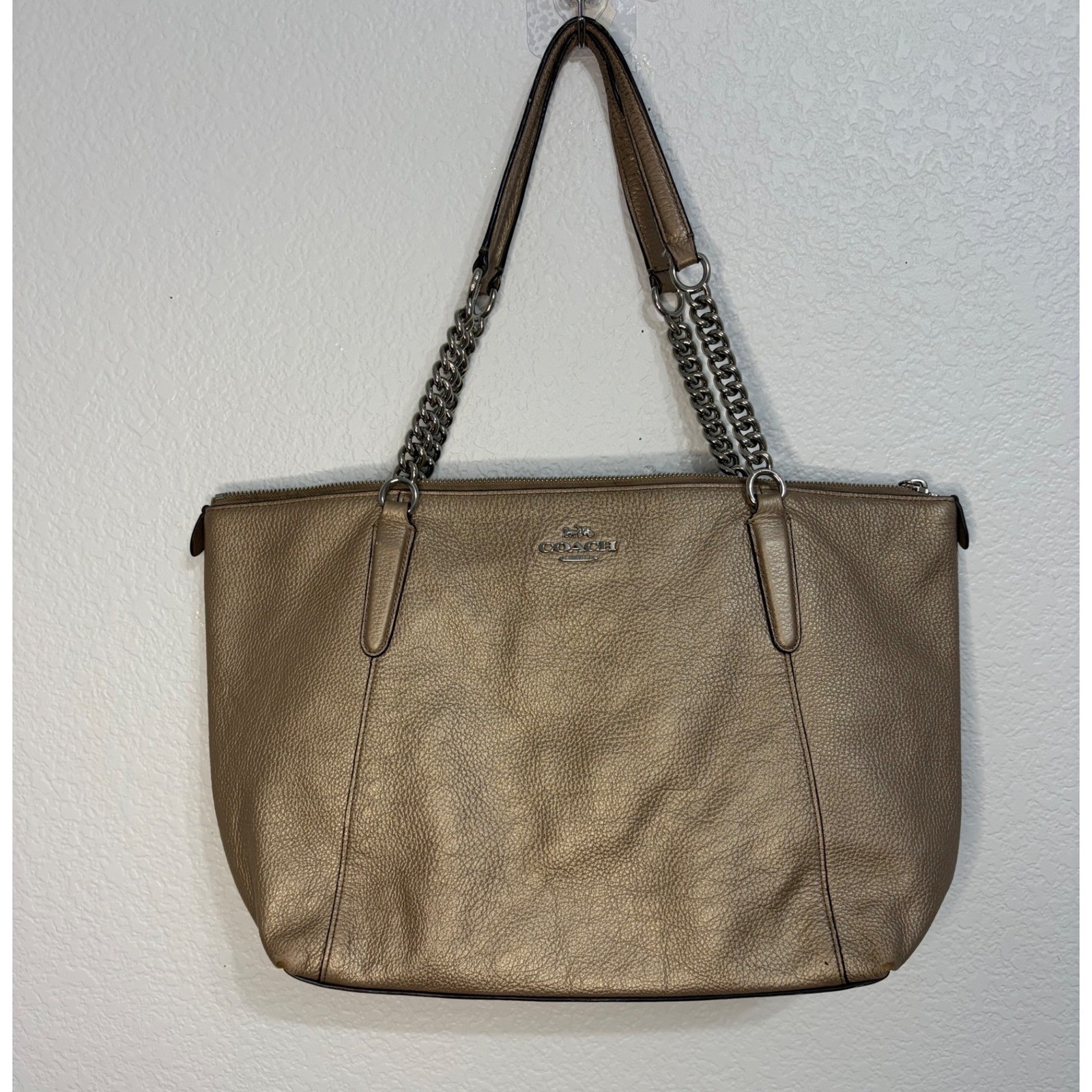 Coach Ava Chain Tote Metallic Gold Pebbled Leather Shoulder Bag F28930