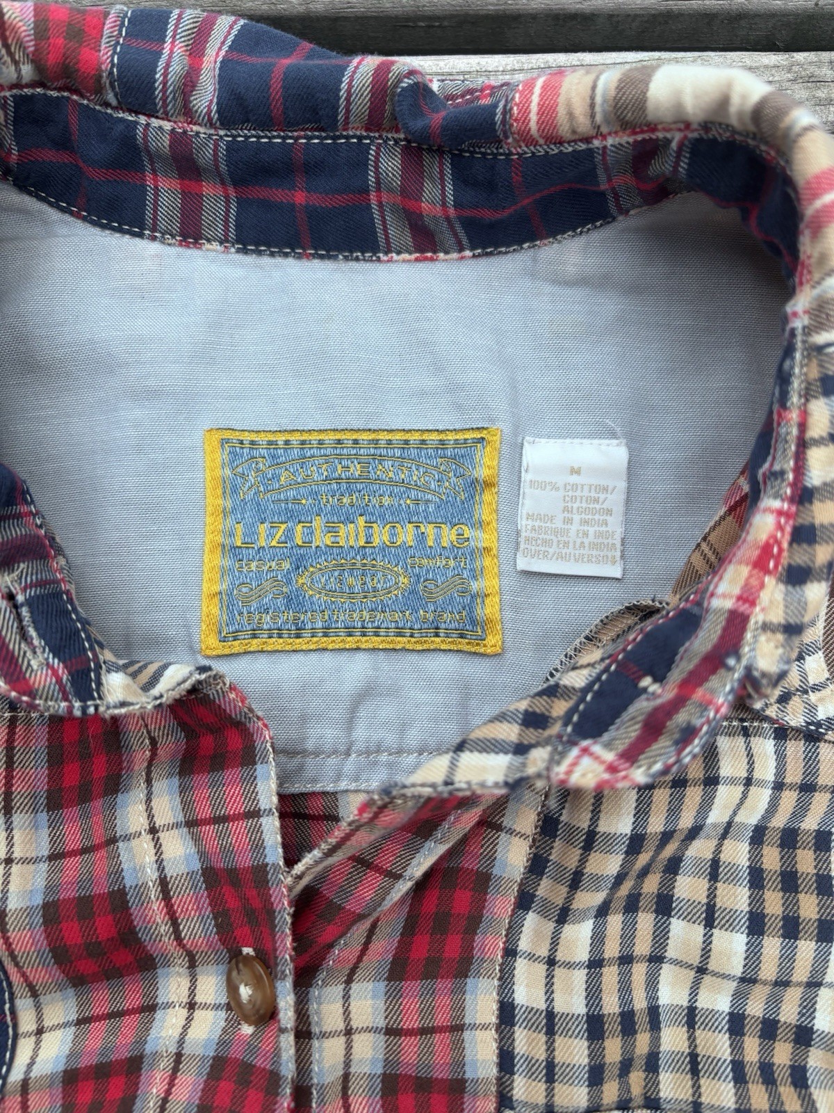 Vintage Liz Claiborne Men’s Plaid Patchwork Woven Cotton Button-Front Shirt M