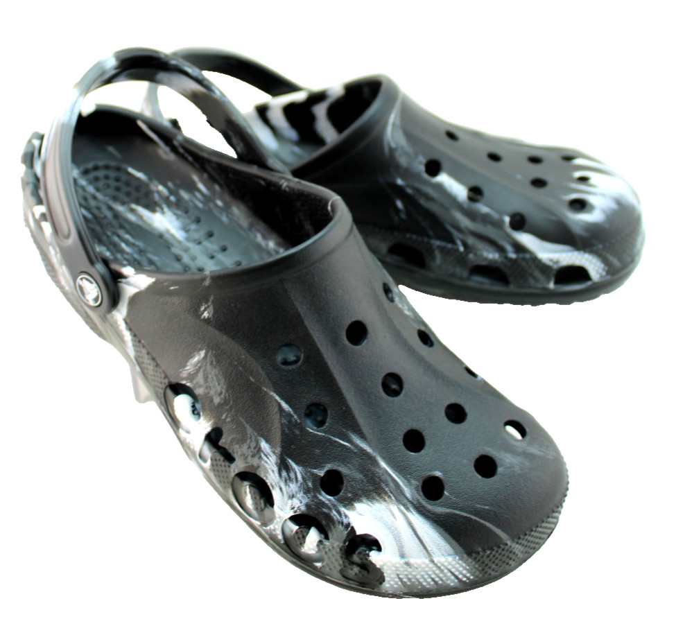 CROCS Baya Men’s 10 Black / White Marbled Croslite Foam Slide Sandals RETAIL $55
