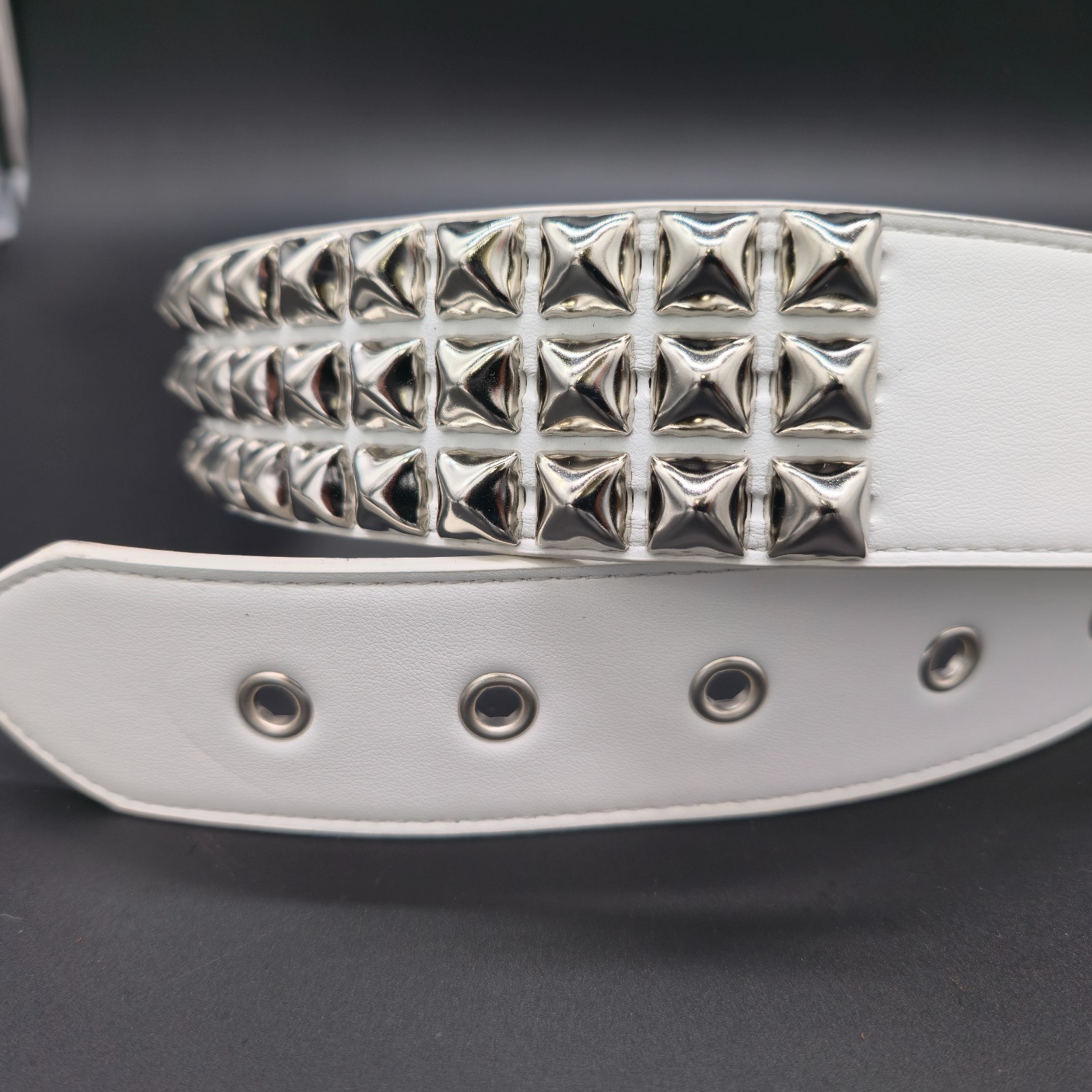 White Vegan Leather Three Row Pyramid Stud Belt Punk Goth Metal Funk Plus