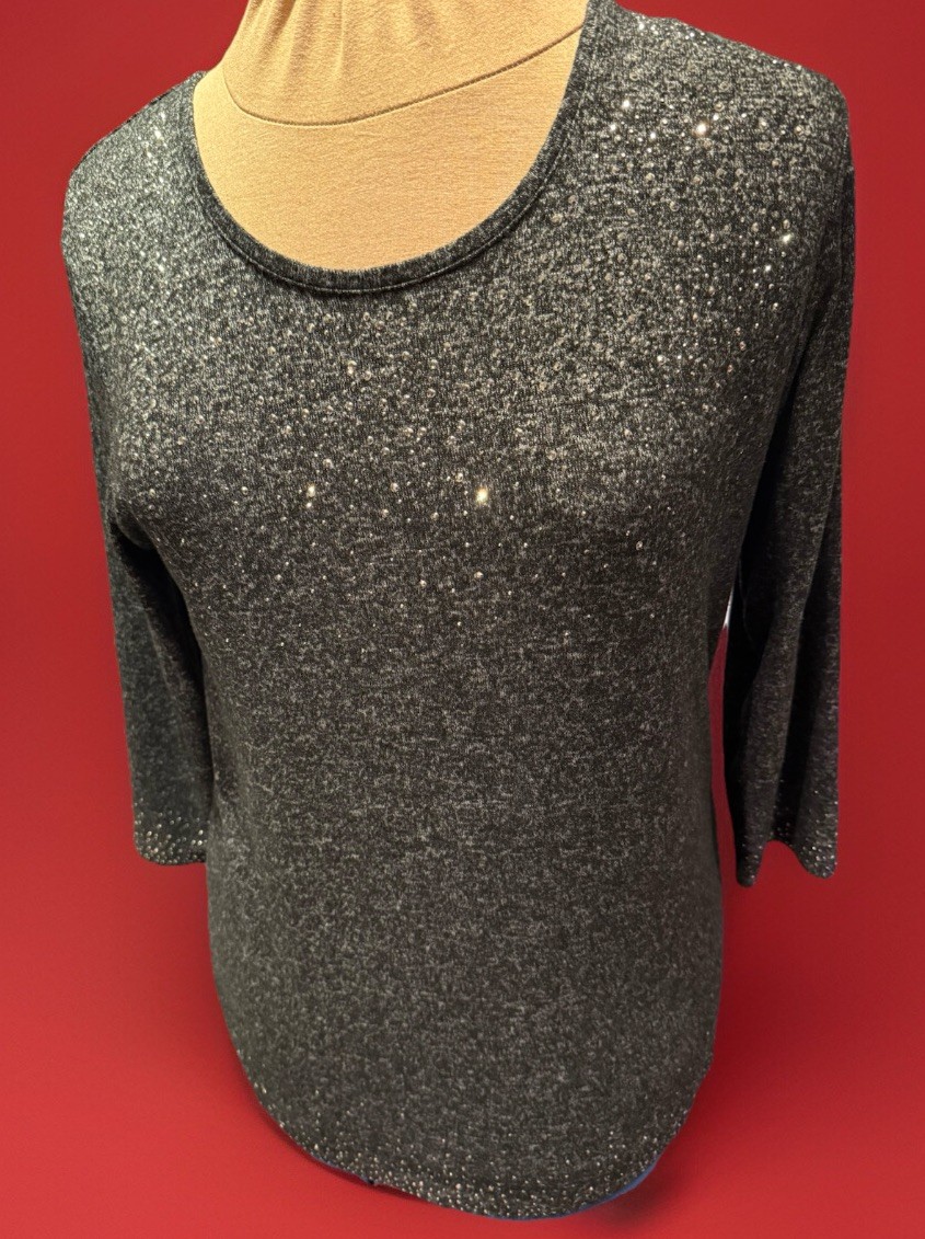 Ladies, “Tigi” , Grey with diamanté, 3/4 Sleeve Top, UK 10/12 (Loose fit)