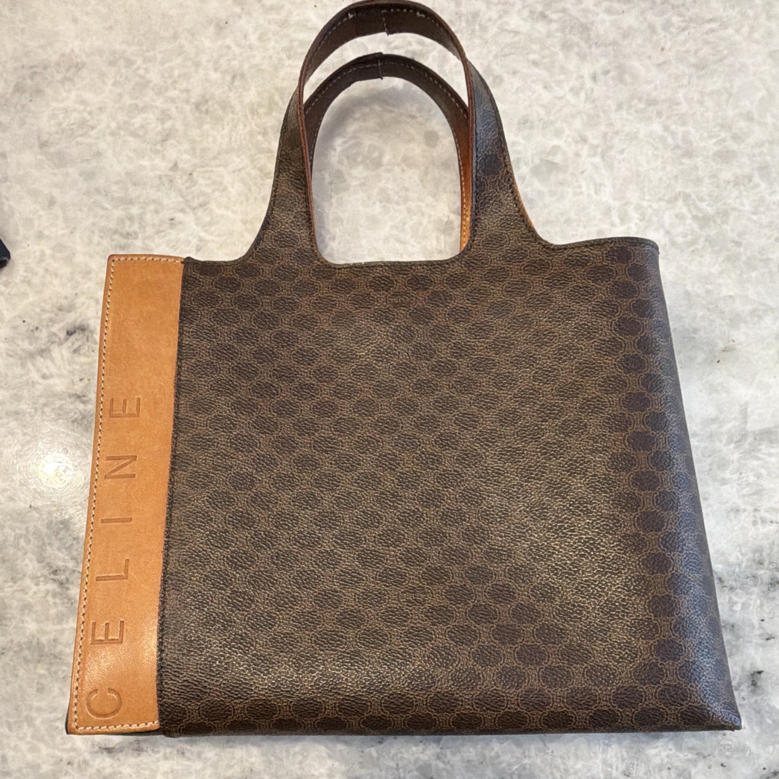 CELINE Brown Monogram Tote Bag Zip Closure Logo Stripe Inner Pockets Top Handle