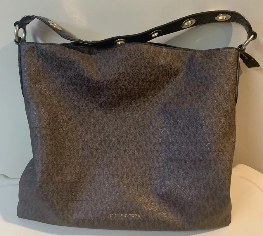 Michael Kors Brooklyn shoulder bag Large READ Brown Black Gold Hardware Rare