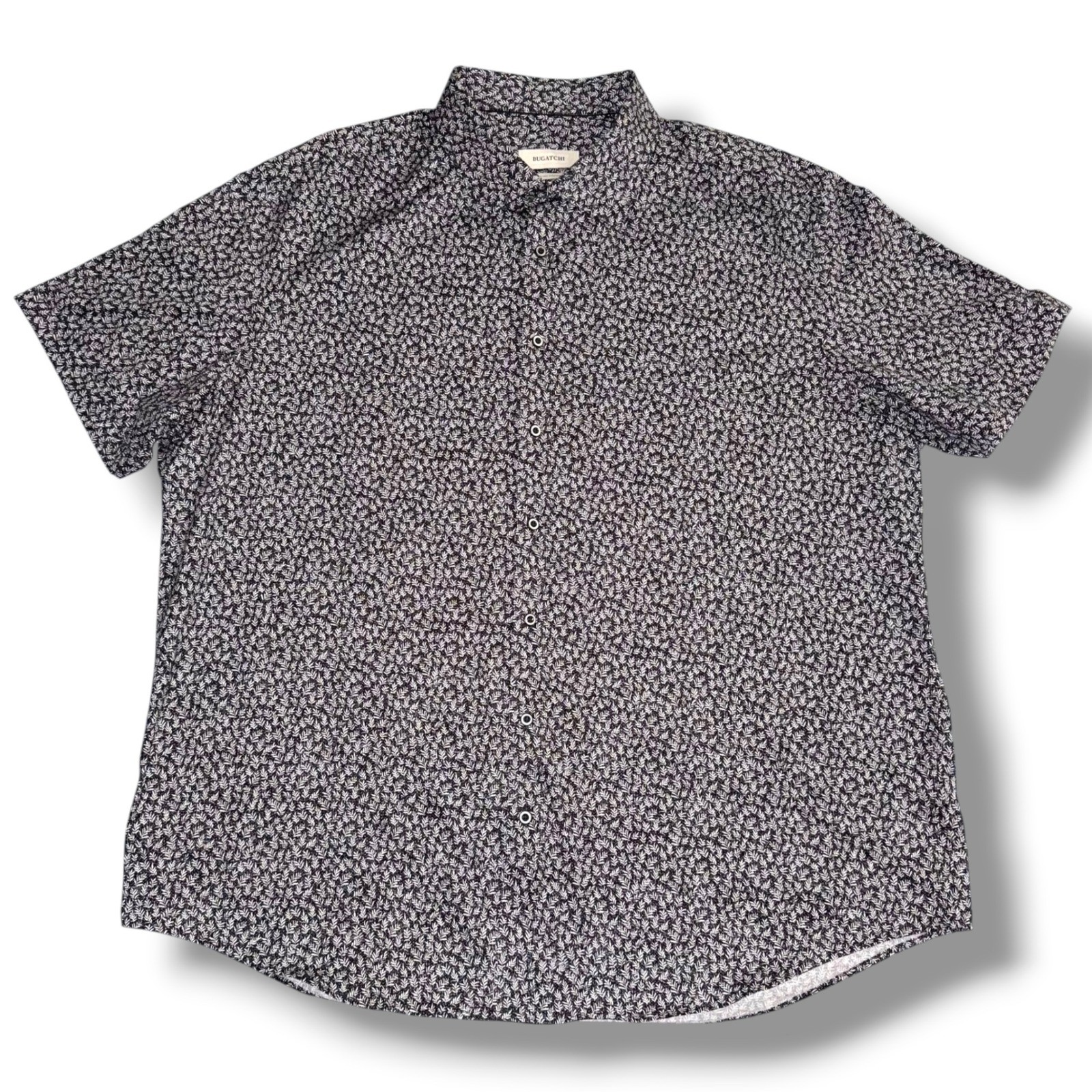 Bugatchi Button Up Shirt Men 3XL Black White Leaf Print 8-Way Stretch SS