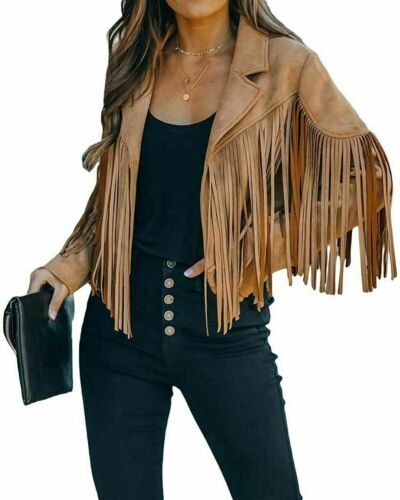 Women’s Chic Cropped Tassel Fringe Faux Suede Moto Jacket – Chartou