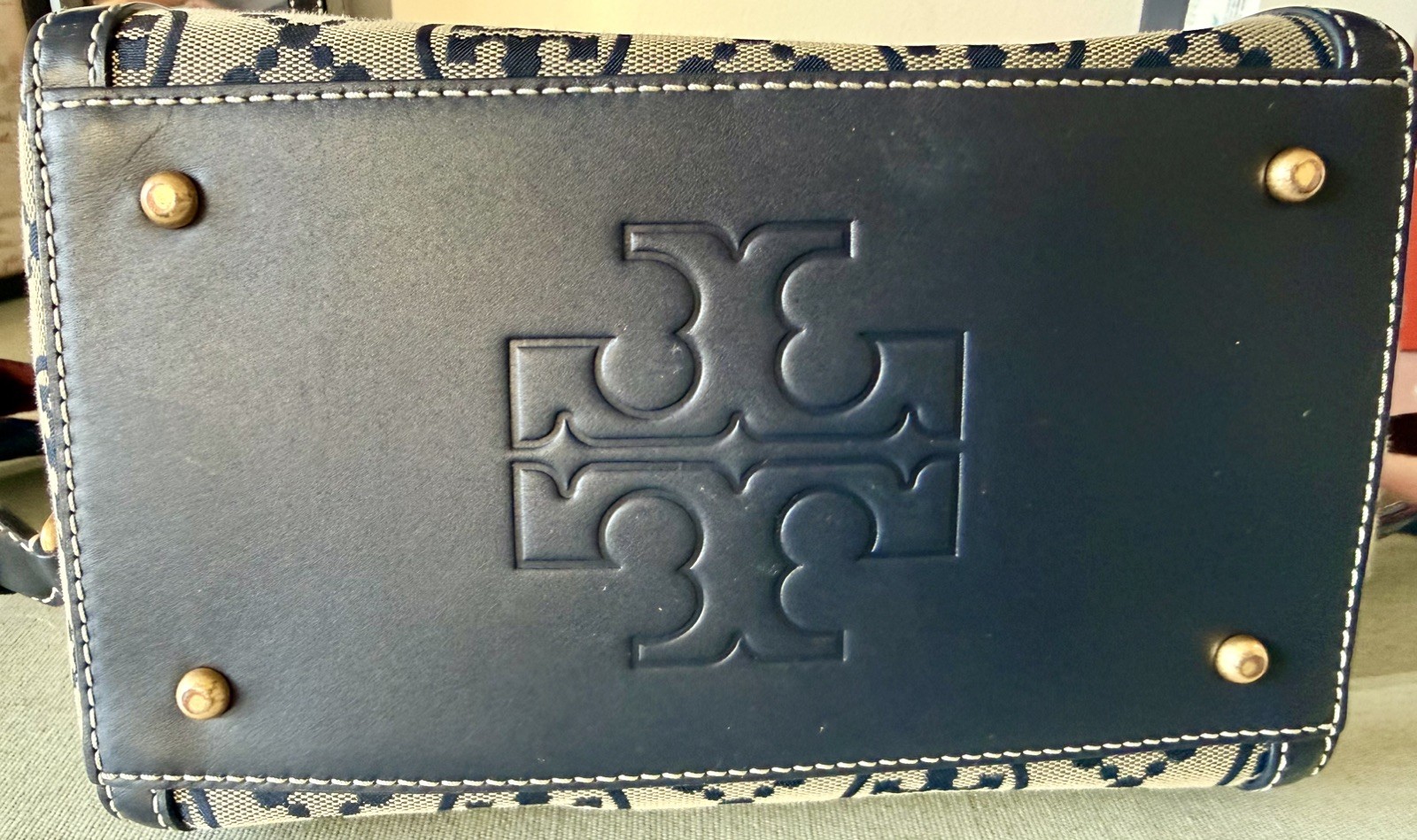 Tory Burch Monogram Navy Jacquard Barrel Handbag