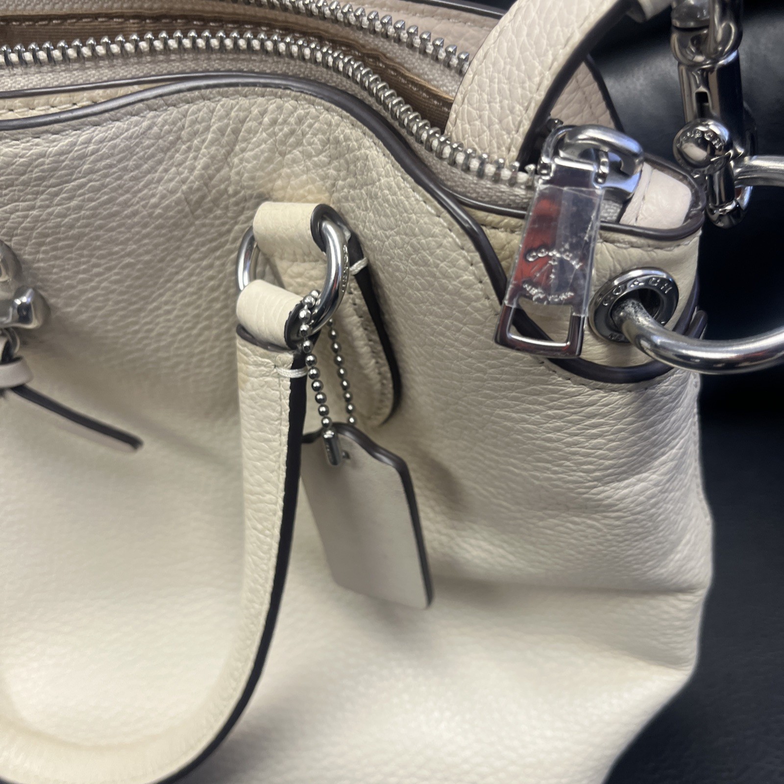 Coach Cream Pebbled Leather Bag with Crossbody Strap and Gold Hardware 9”7”5”