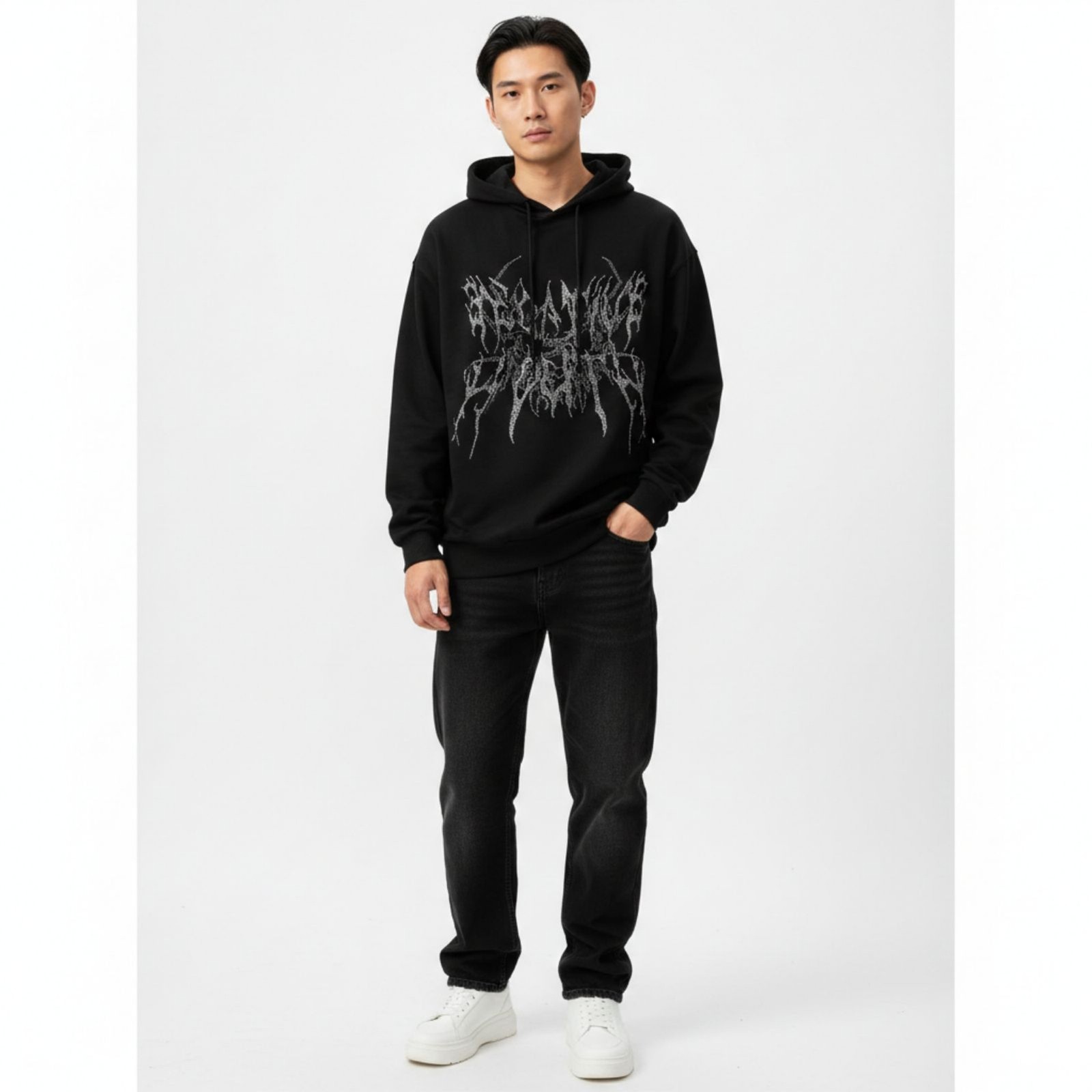 Shein Rhinestone Letter Print Black Hoodie Mens Drawstring Streetwear Fashion M