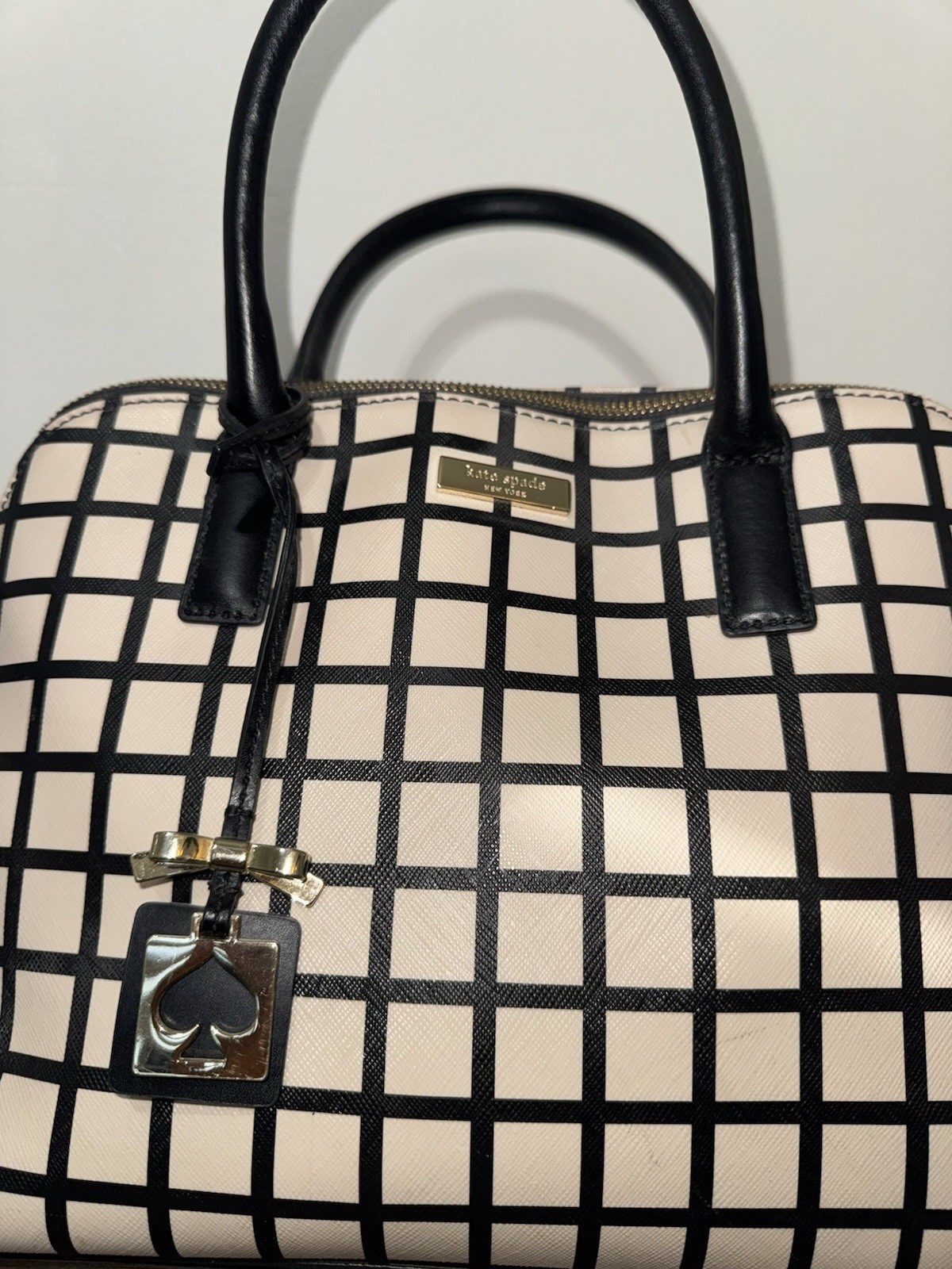 kate spade new york Cream Black Checkered Satchel Zip Detachable Strap Charm