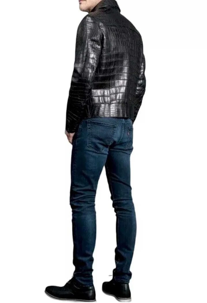 Mens Leather Crocodile Embossed Jacket Biker Black Alligator Jacket LIMITED SALE