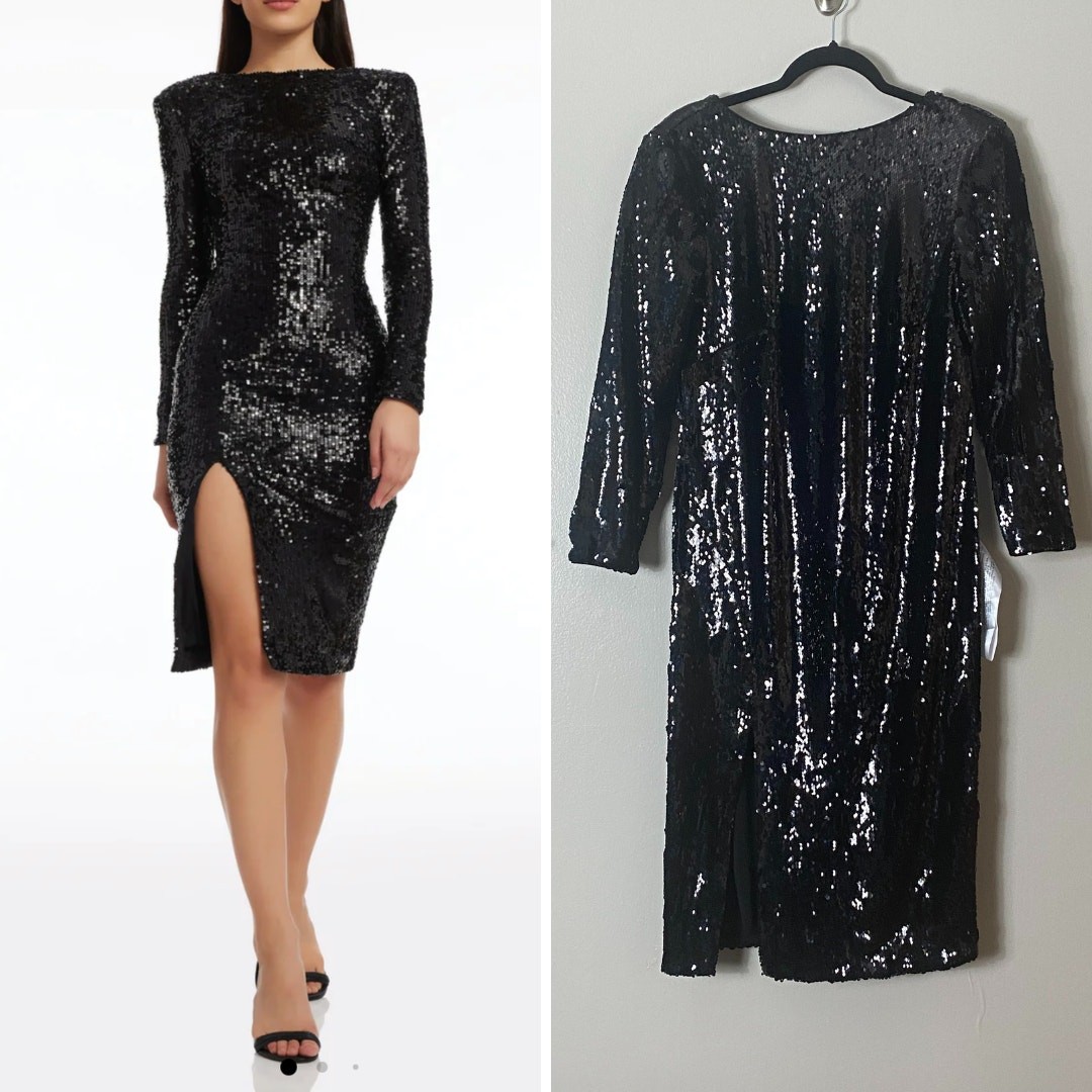 DRESS THE POPULATION DRESS 1X BLACK SEQUIN FALL WEDDING GUEST EVENING COCKTAIL