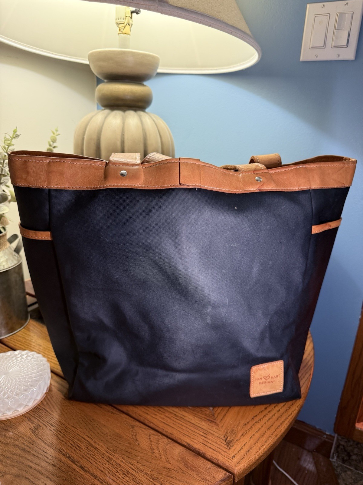 Jon Hart Design Navy Canvas Leather Large Tote Bag Travel Carryall Personalized