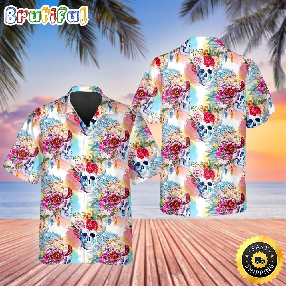 Skull With Colorful Flowers Aloha Beach Skulls Summer Hawaiian Shirt