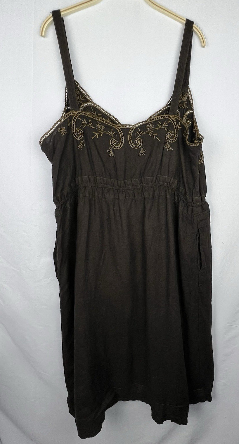 J.CREW Brown 100% Linen Embroidered Slip Dress Women 16 Boho Peasant Pockets