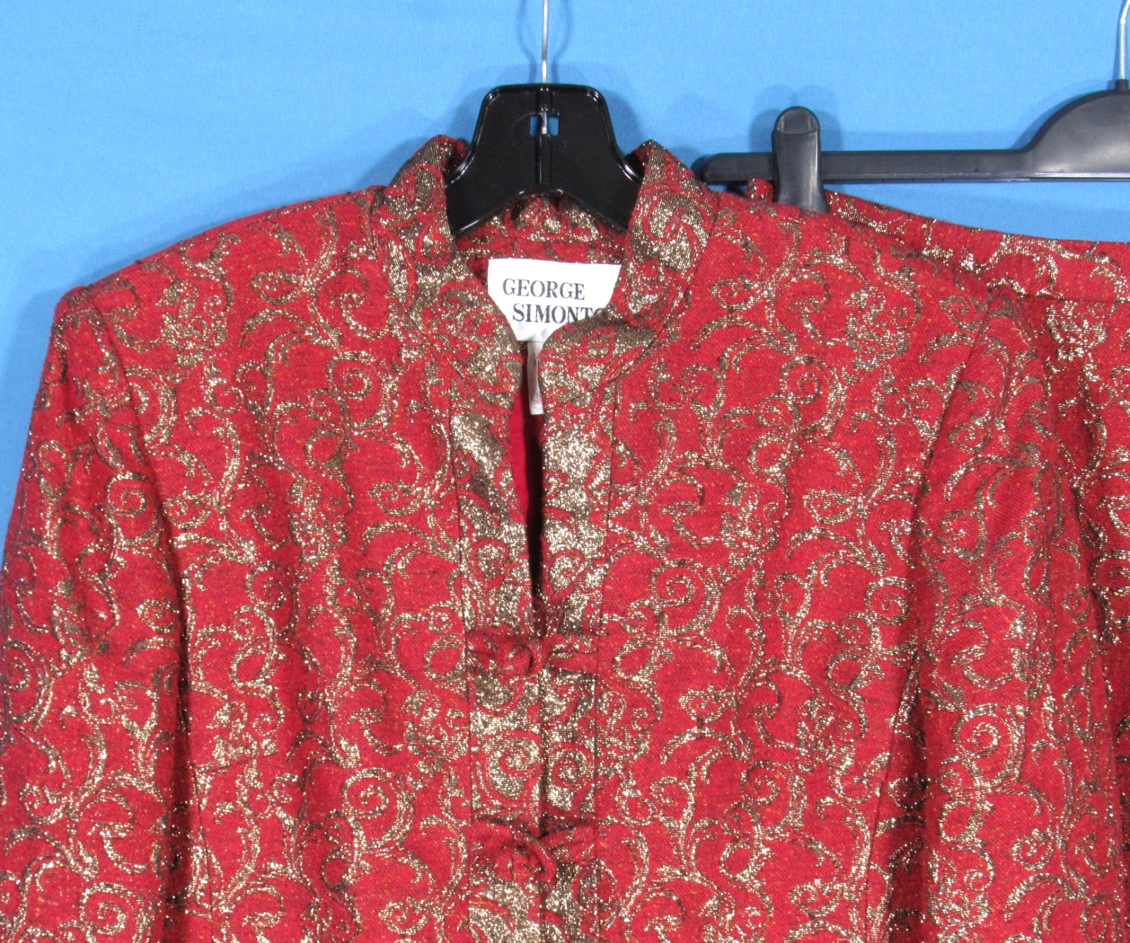 VTG GEORGE SIMONTON Dark Red w/GOLD METALLIC Suit JACKET/SKIRT Outfit Set 10