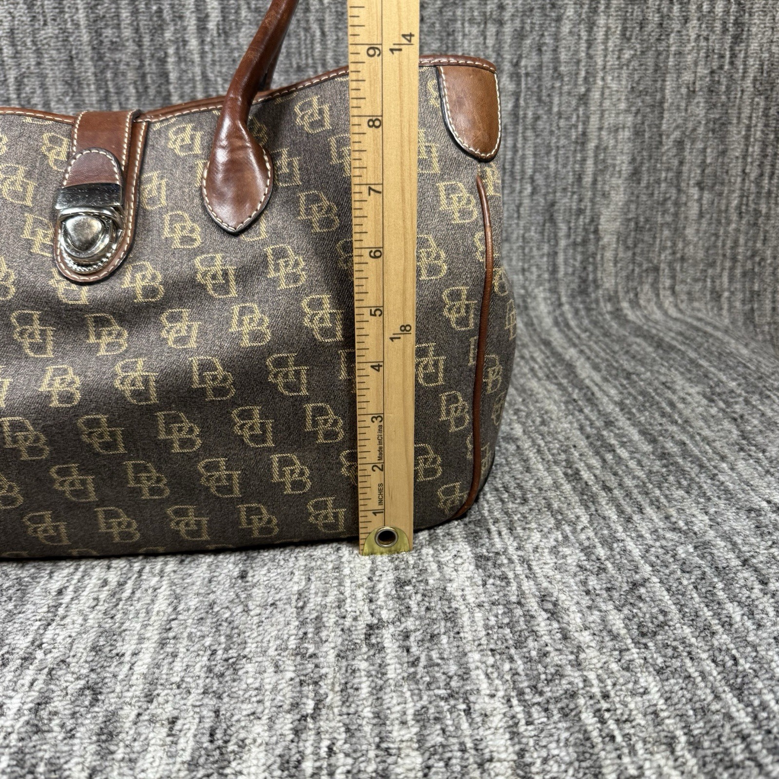 Dooney & Bourke Satchel Tote Bag Push Lock Signature Canvas Leather Trim Purse