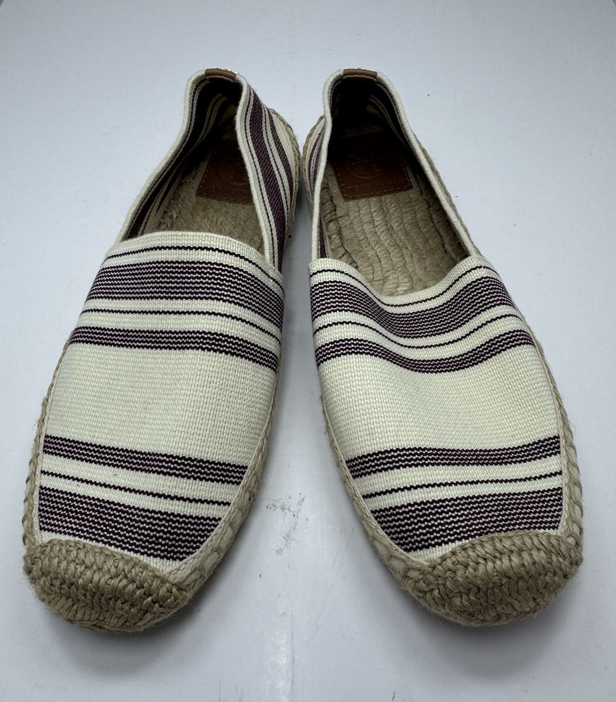 Tory Burch Women’s Espadrille Flats Size 8 Ivory Burgundy Striped Slip On NWOB