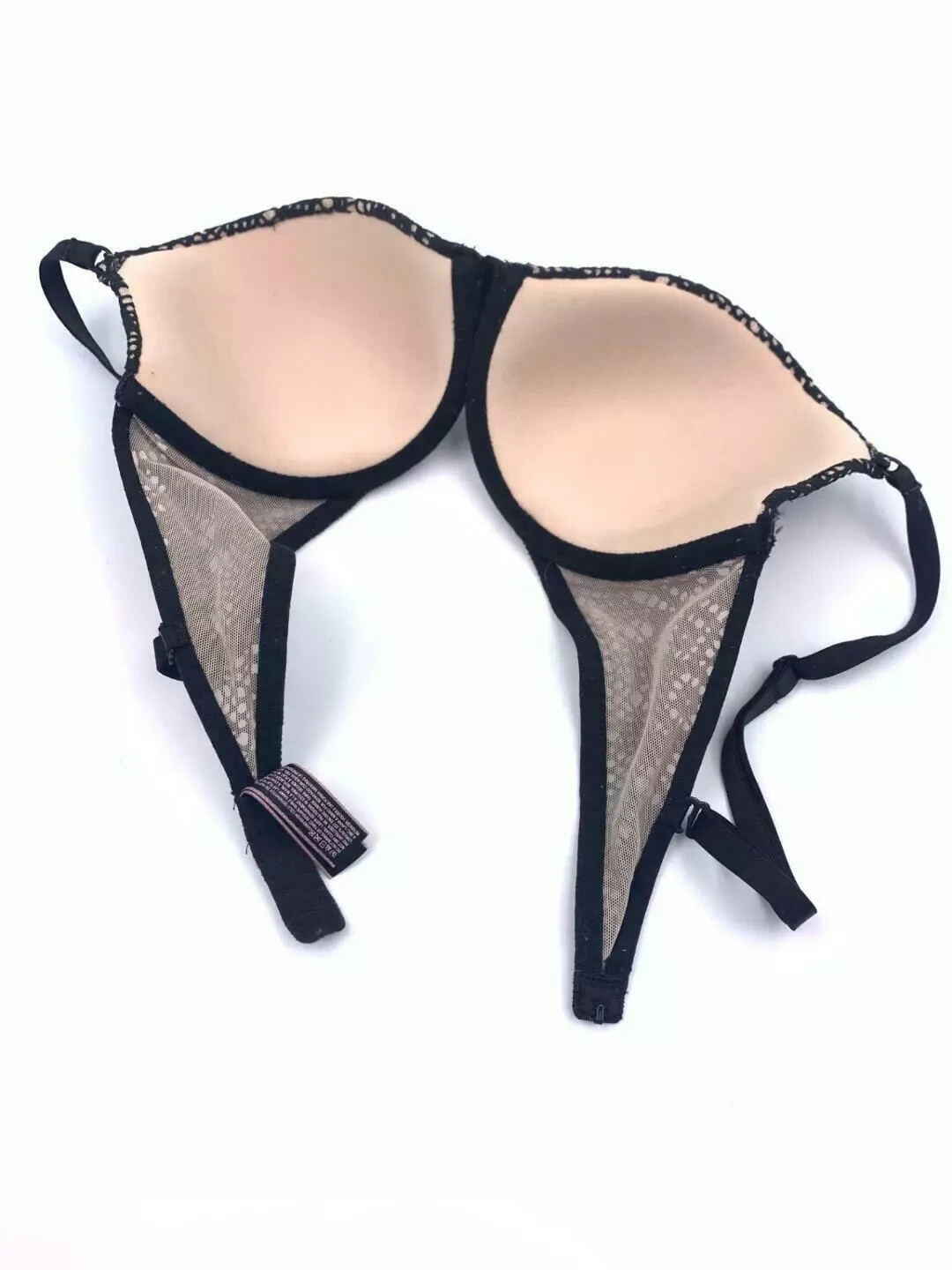 Victoria’s Secret Lined Demi Bra 32D Black Lace Nude Underwire Pattern Lace Like